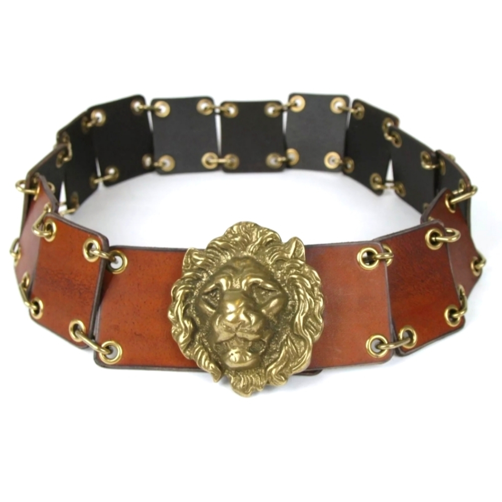 NWT SAINT LAURENT Lion Buckle Brown Leather and Chain Link Belt, Vintage Style!